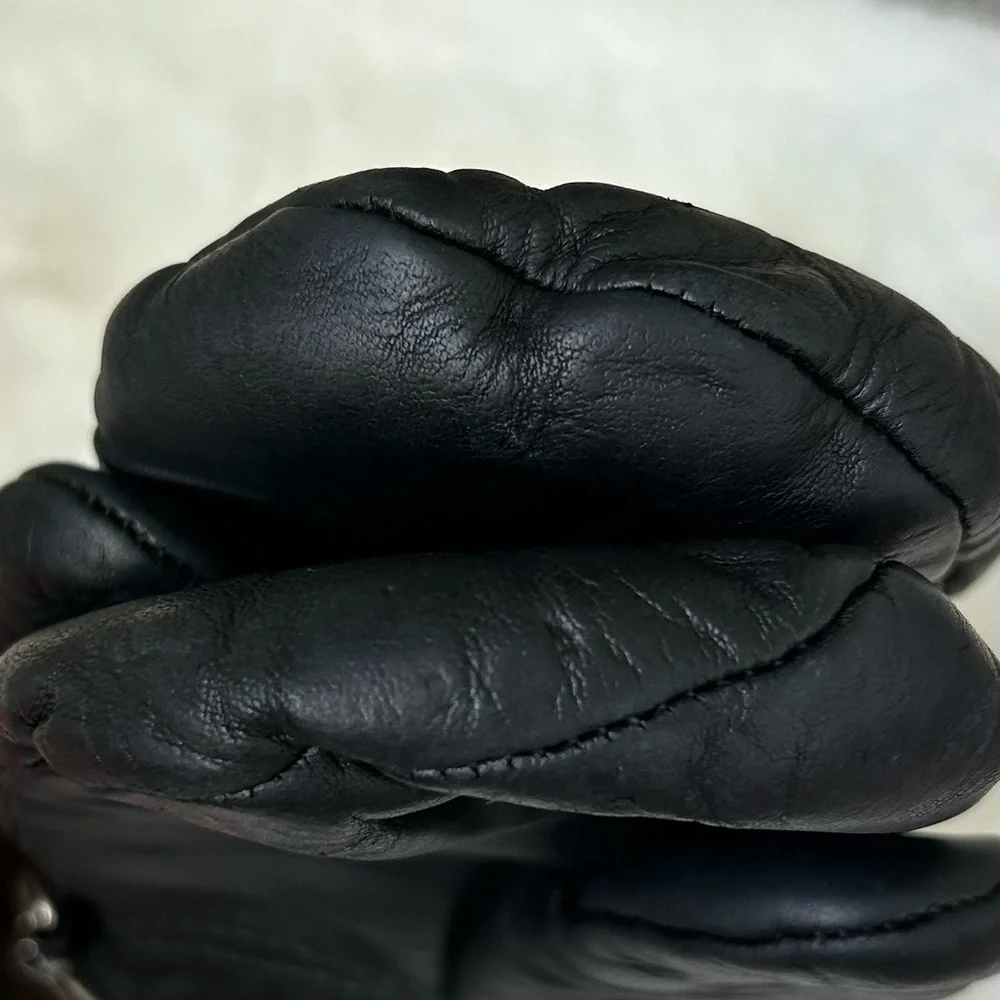 KOMBI Vintage Women’s Leather Mittens Black Faux Fur Cuff Lined S + BONUS Gloves
